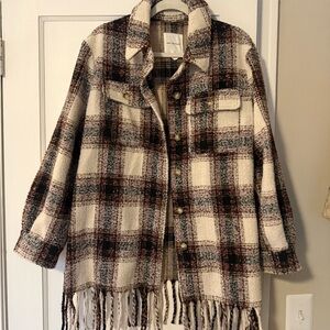 Avec Les Filles Cream and Brown Plaid Fringe Cape